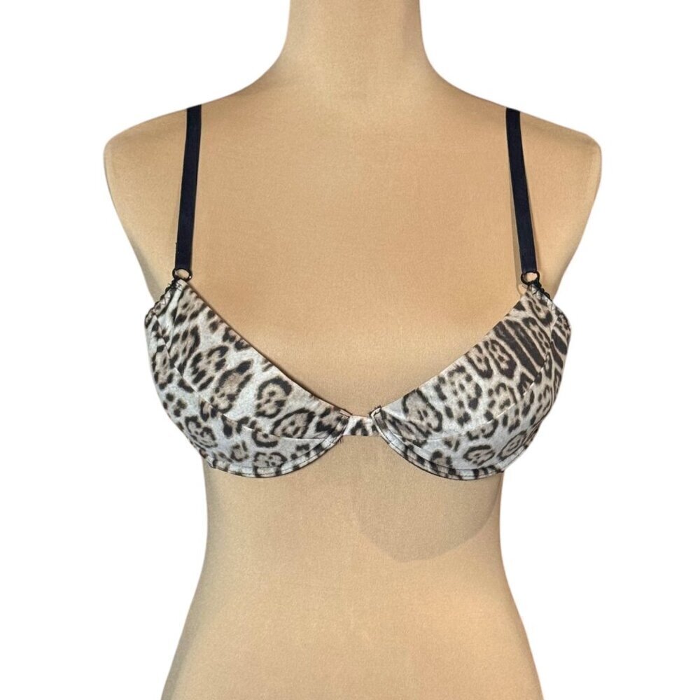 VTG Roberto Cavalli Bra Sz. 36B Leopard Print Satin Underwire Sexy Lingerie Y2K